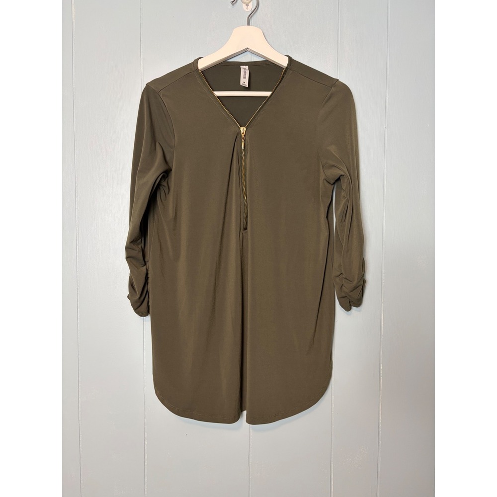 Zenana Outfitters Olive Green Half Zip Roll Tab Sleeve Tunic Blouse IT-2369AB M